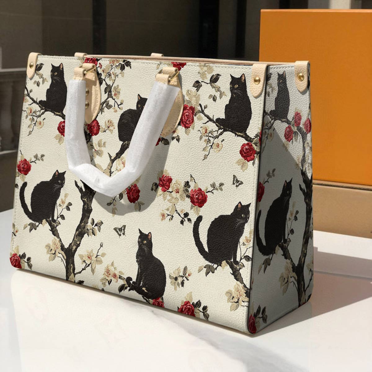 Lorva Black Cat Leather Bag Roses Love