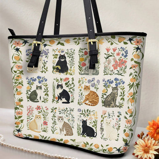 Lorva Leather Tote Bag Elegent Floral Cats