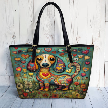 Lorva Whimsical Dachshund Leather Tote Bag Heart & Floral