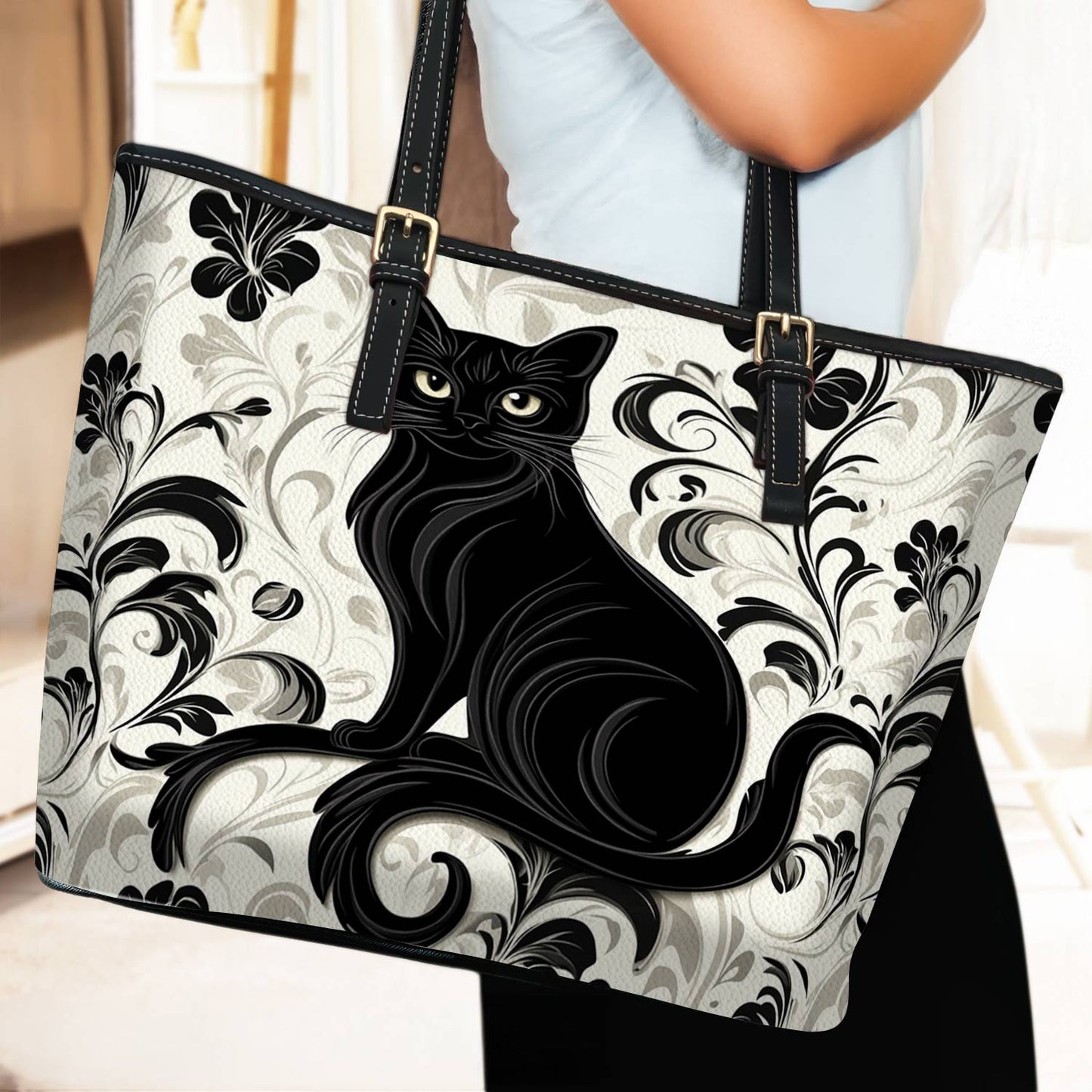 Lorva Black Cat Leather Tote Bag Magic