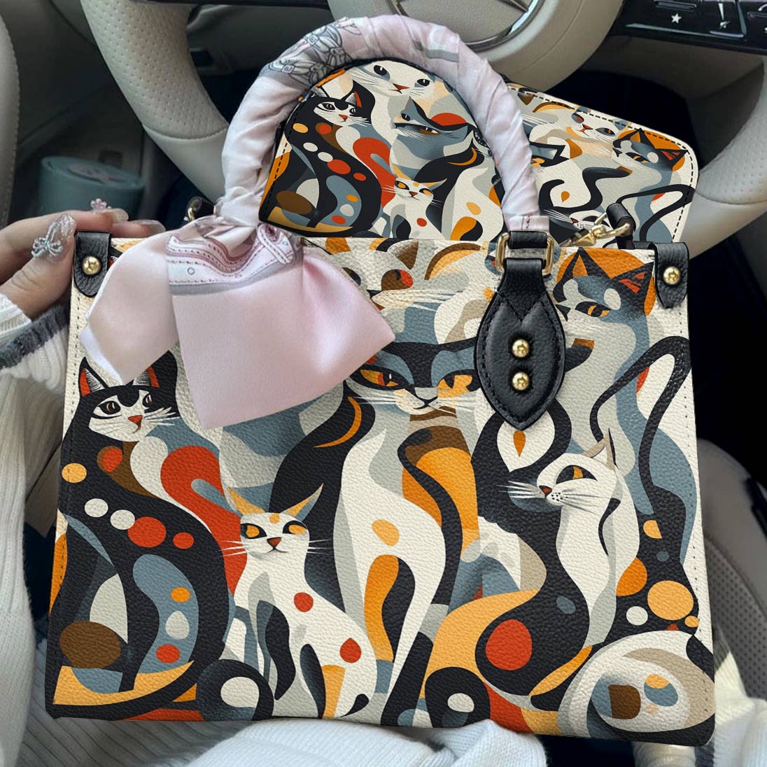 Lorva Cat Leather Bag Whimsical Geometric
