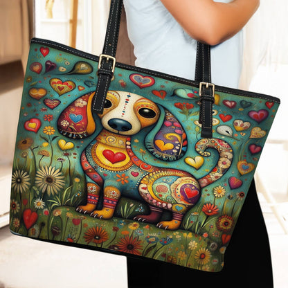 Lorva Whimsical Dachshund Leather Tote Bag Heart & Floral