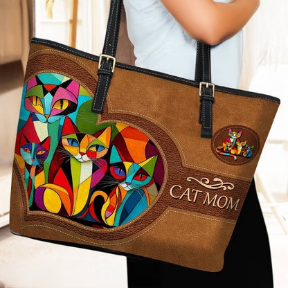 Lorva Leather Tote Bag Colorful Cubism Cat Mom