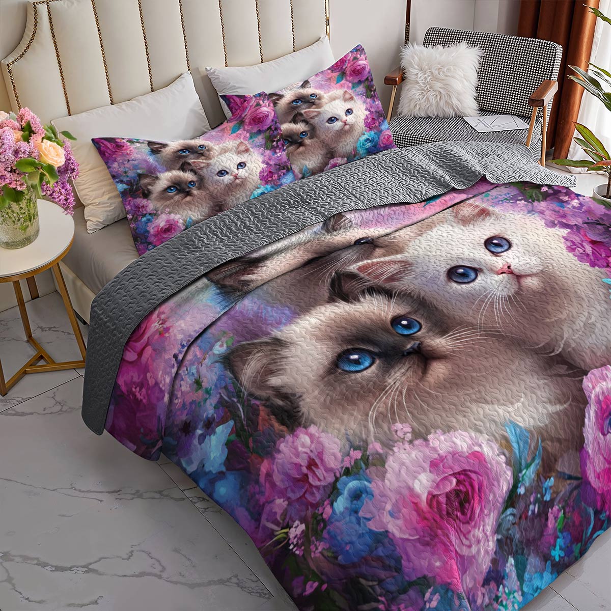 Lorva All Season Quilt 3-Piece Set Gorgeous Floral Cat