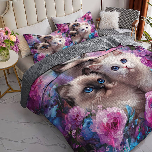 Lorva All Season Quilt 3-Piece Set Gorgeous Floral Cat