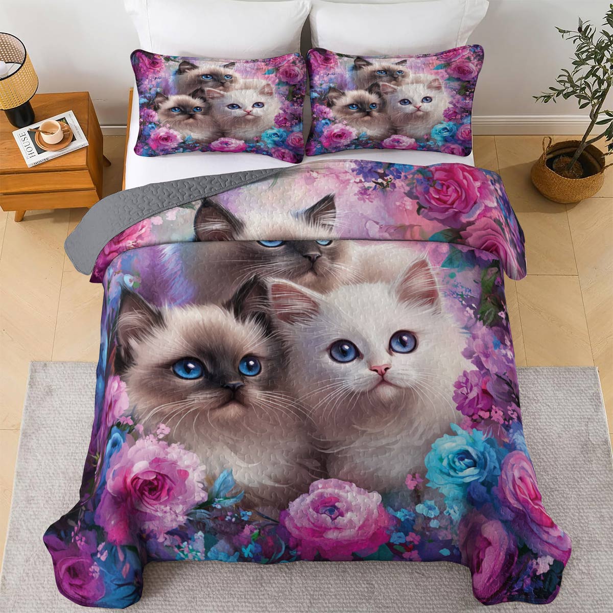Lorva All Season Quilt 3-Piece Set Gorgeous Floral Cat