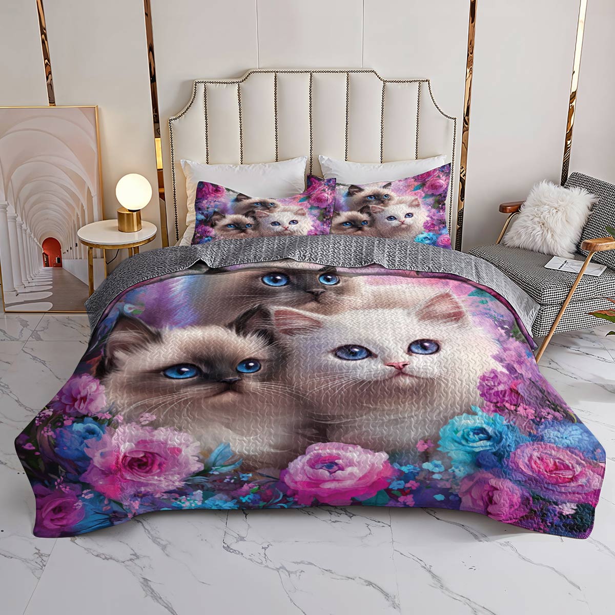 Lorva All Season Quilt 3-Piece Set Gorgeous Floral Cat