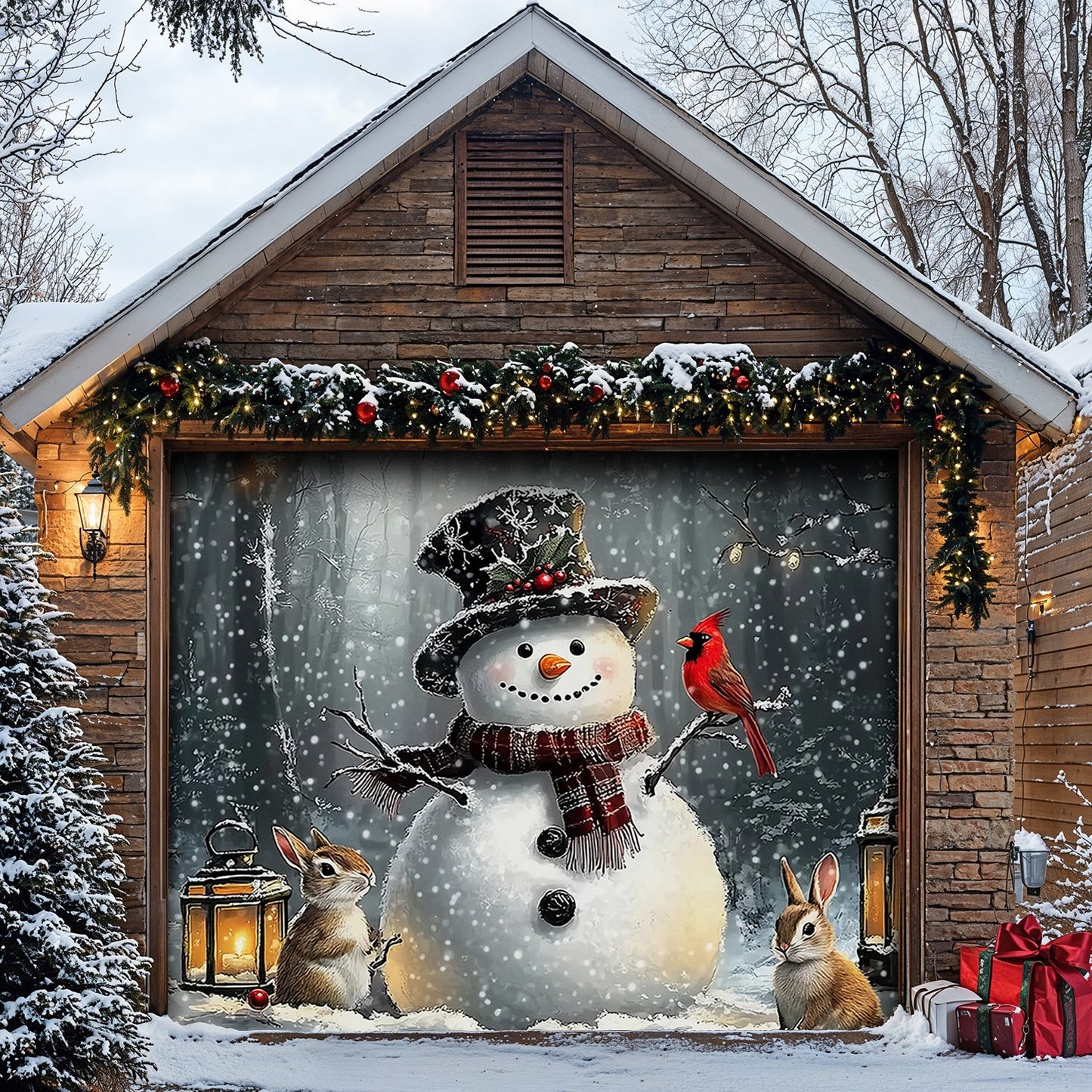 Lorva Garage Door Banner Decoration Winter Forest Snowman Gathering with Bunnies and Cardinals