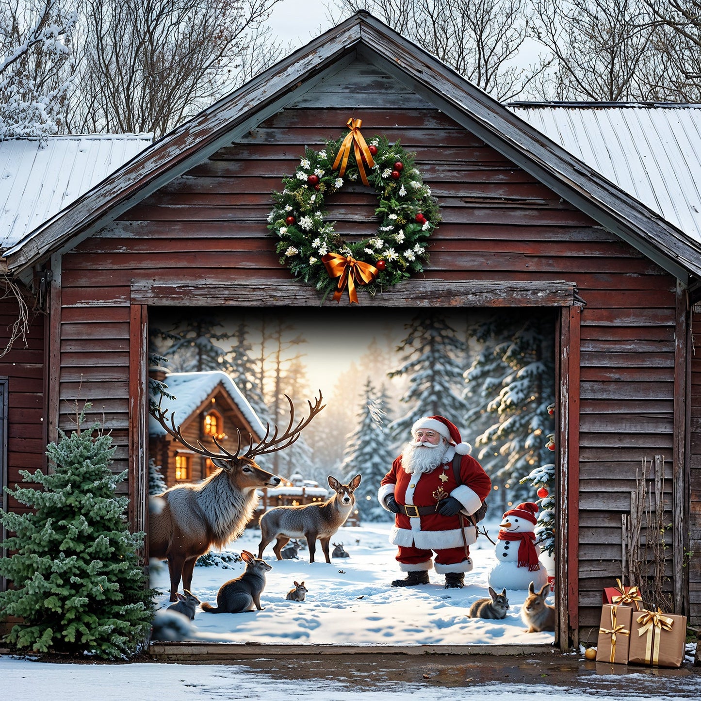 Lorva Christmas Garage Door Banner Decoration Santa’s Woodland Wonder