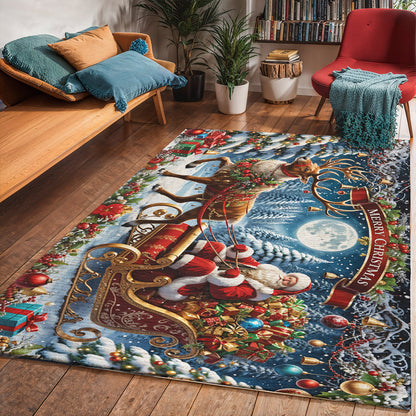 Lorva Cat Area Rug Santa’s Sleigh Ride Spreading Cheer on a Winter’s Eve