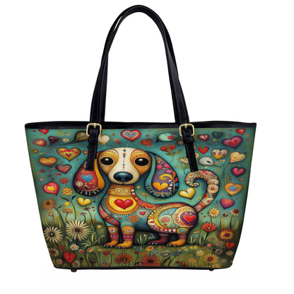 Lorva Whimsical Dachshund Leather Tote Bag Heart & Floral