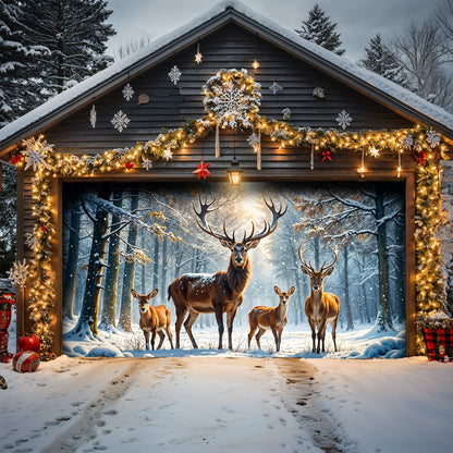 Lorva Christmas Garage Door Banner Decoration Majestic Reindeer Family In Winter Wonderland