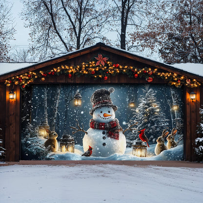 Lorva Christmas Garage Door Banner Decoration Snowman and Forest Companions in a Lantern Lit Winter Scene