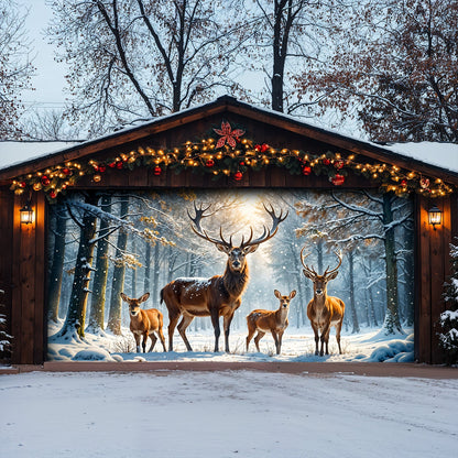 Lorva Christmas Garage Door Banner Decoration Majestic Reindeer Family In Winter Wonderland