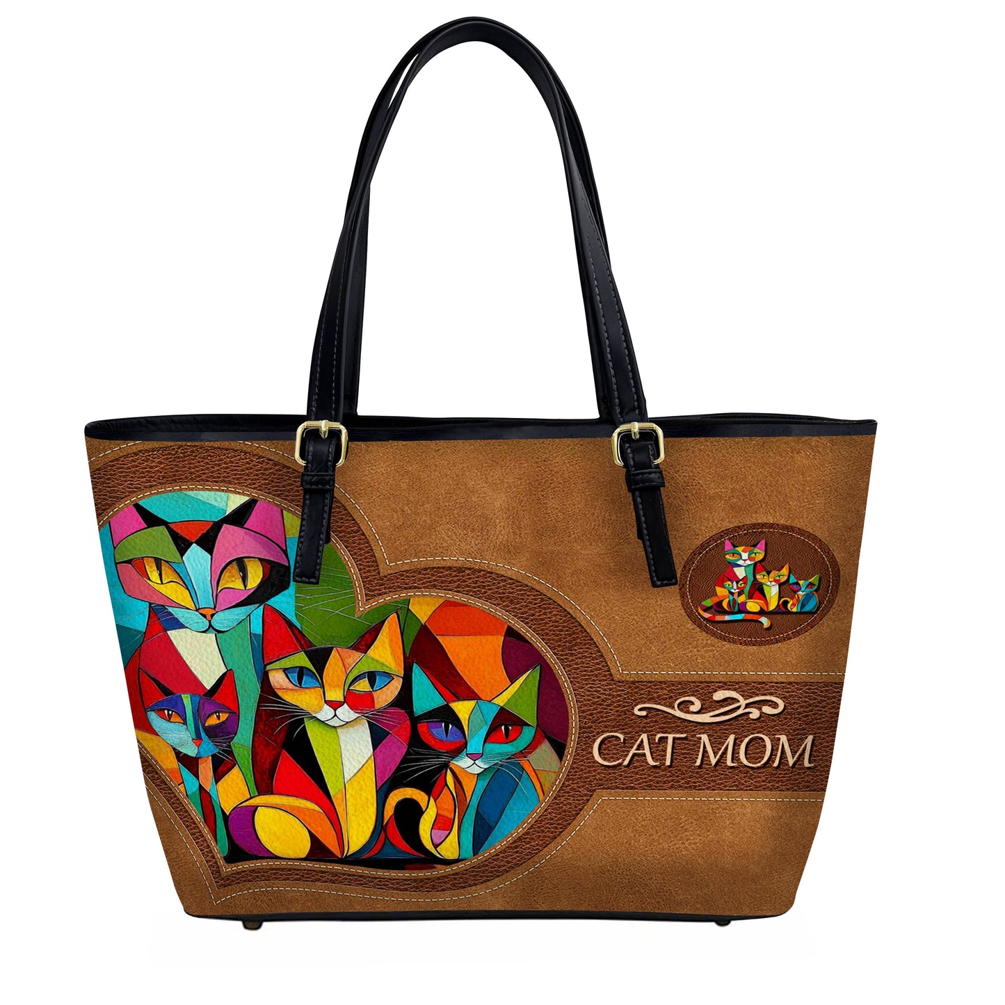 Lorva Leather Tote Bag Colorful Cubism Cat Mom