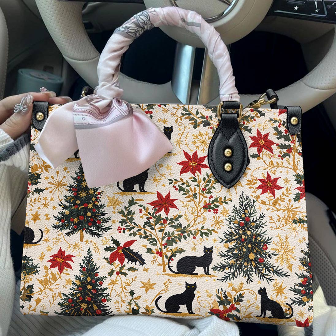 Lorva Leather Bag Gentle Black Christmas Cat