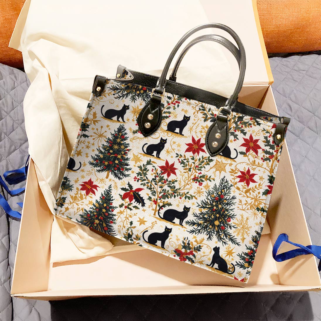 Lorva Leather Bag Gentle Black Christmas Cat
