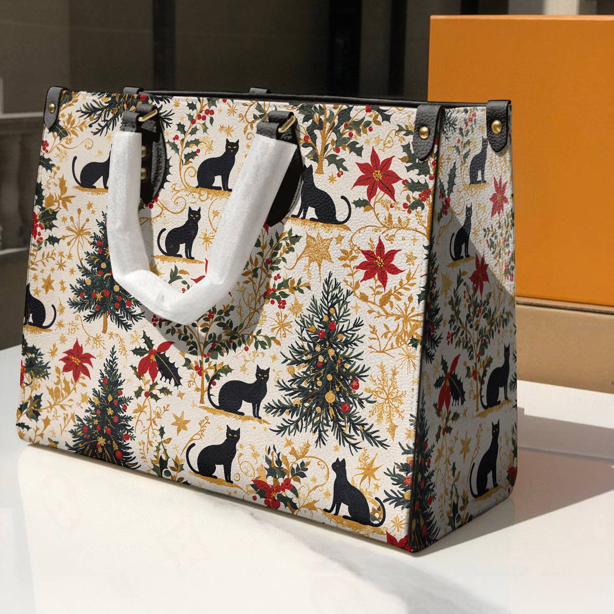 Lorva Leather Bag Gentle Black Christmas Cat