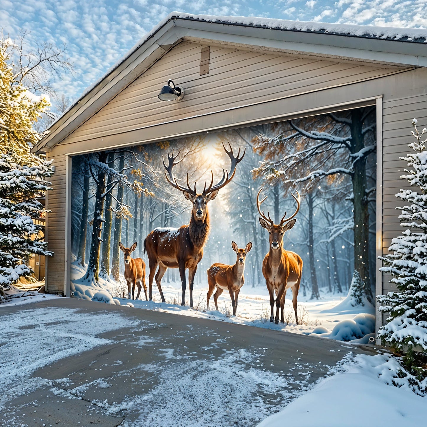 Lorva Christmas Garage Door Banner Decoration Majestic Reindeer Family In Winter Wonderland