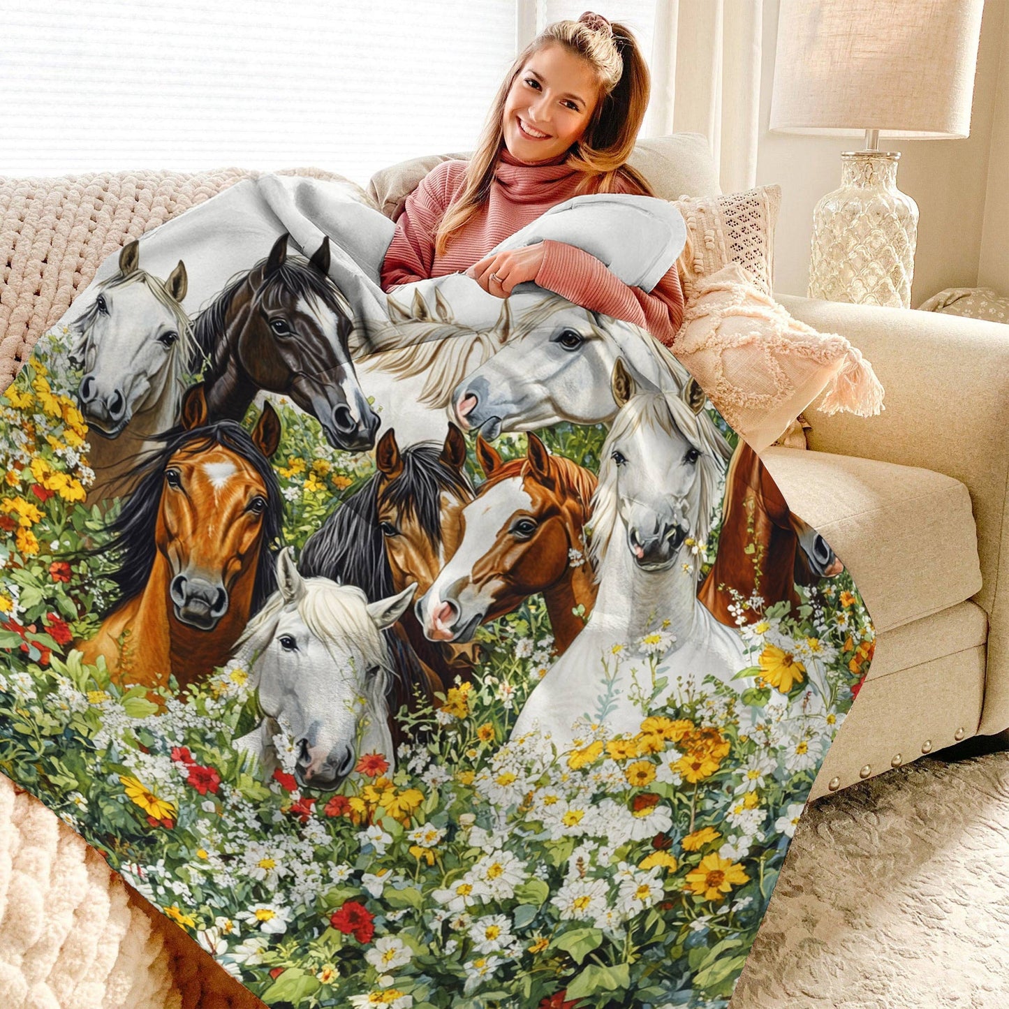 Lorva Fleece Blanket Horse Love in Wildflower Garden