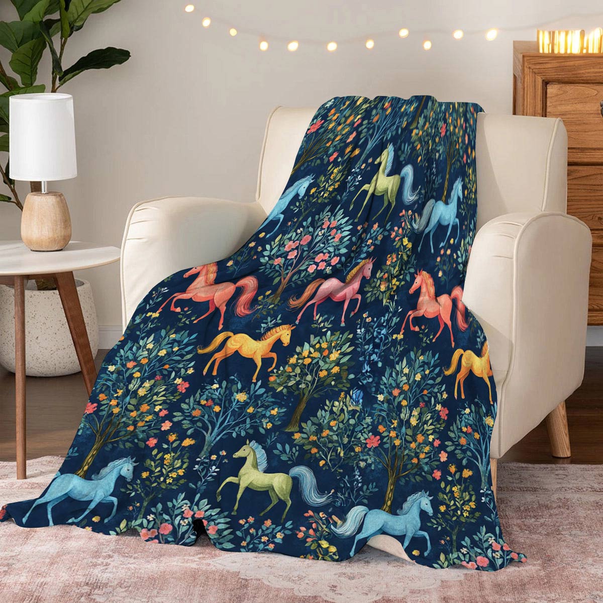 Lorva Fleece Blanket Blue Willow Horses