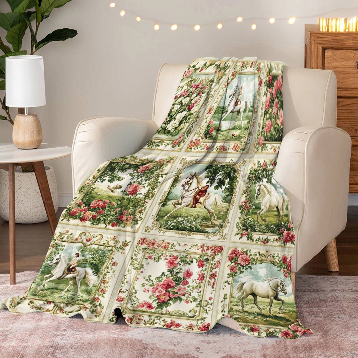 Lorva Fleece Blanket Horse Charm Floral Grace