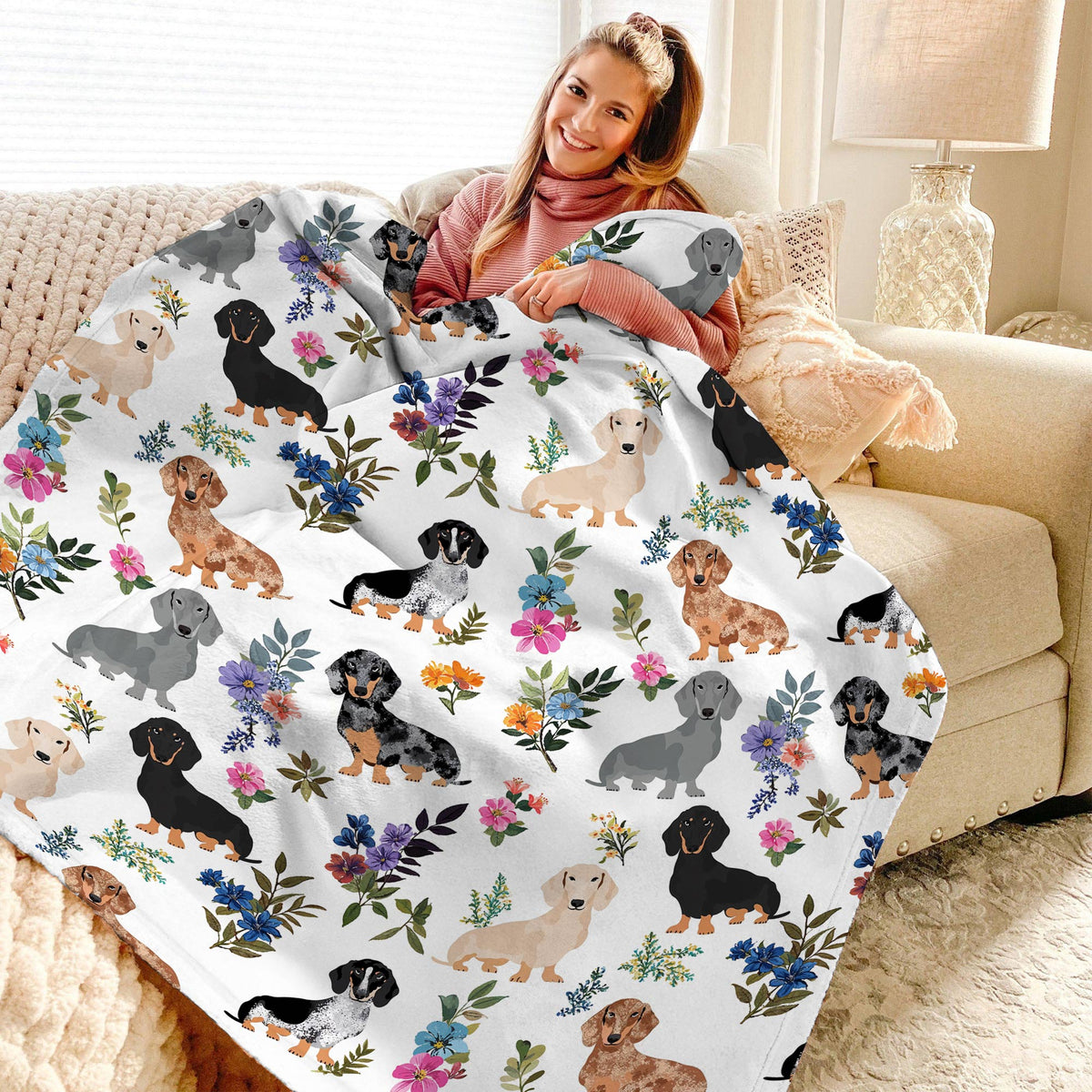 Lorva Fleece Blanket Floral Dachshunds