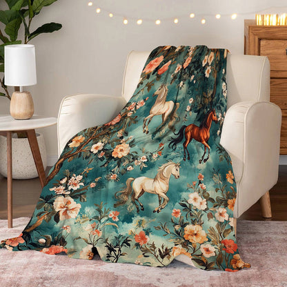 Lorva Fleece Blanket Gentle Horse in Forest of Flowers