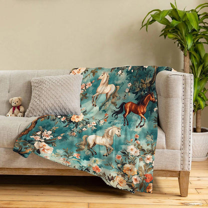 Lorva Fleece Blanket Gentle Horse in Forest of Flowers