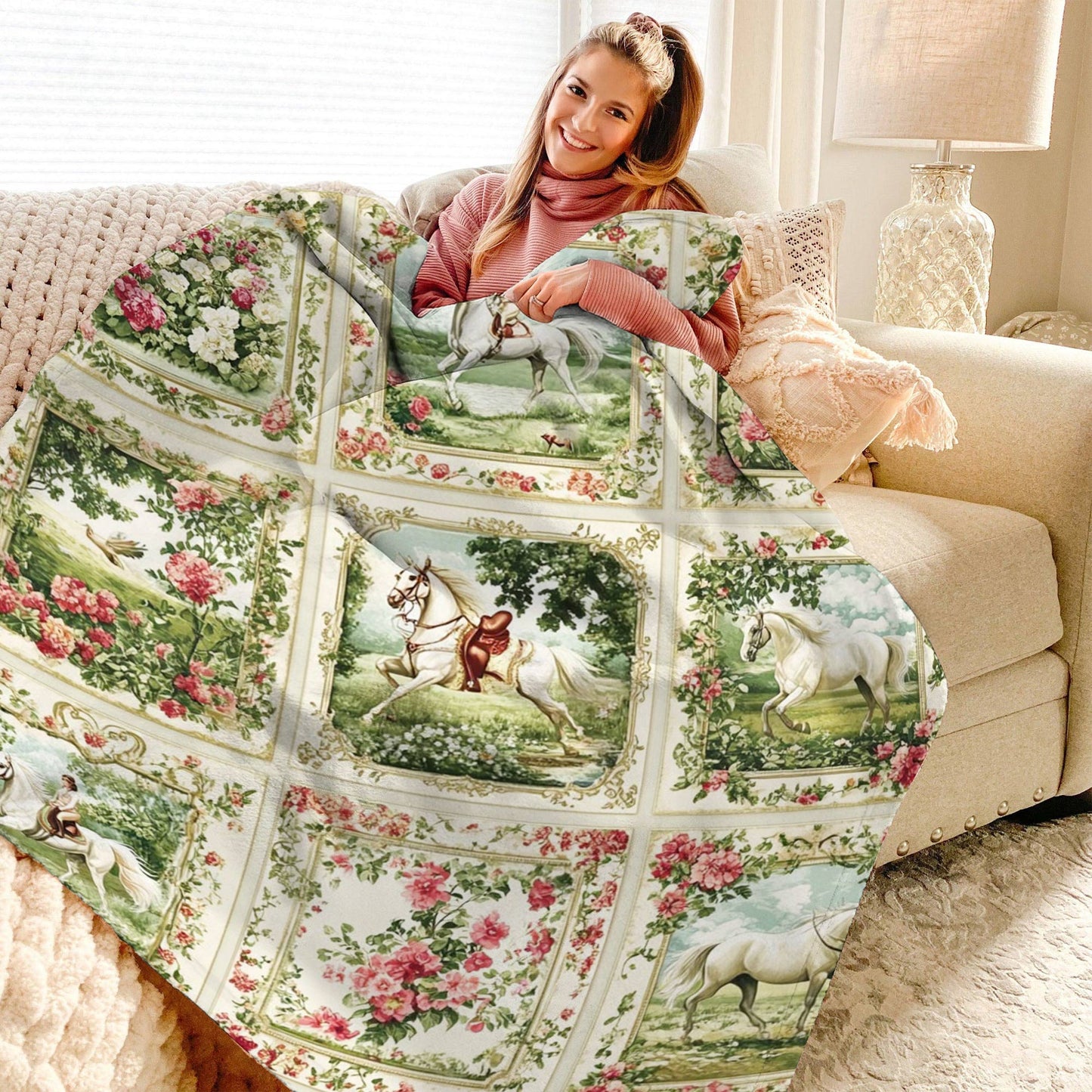 Lorva Fleece Blanket Horse Charm Floral Grace