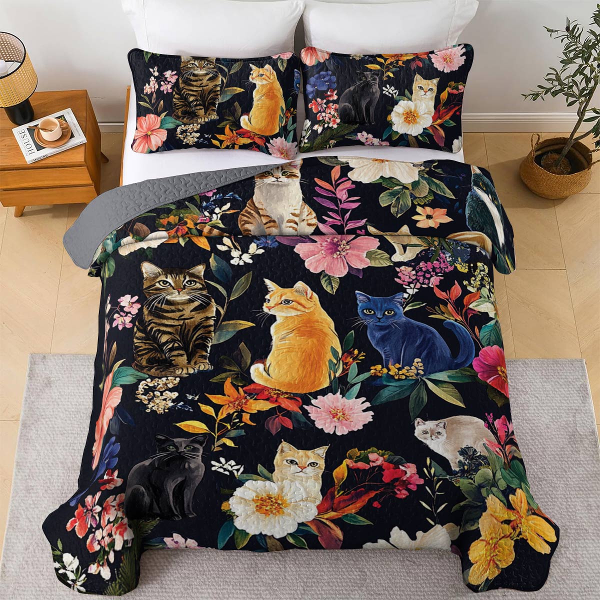 Lorva All Season Quilt 3-Piece Set Moonlit Garden Whiskers