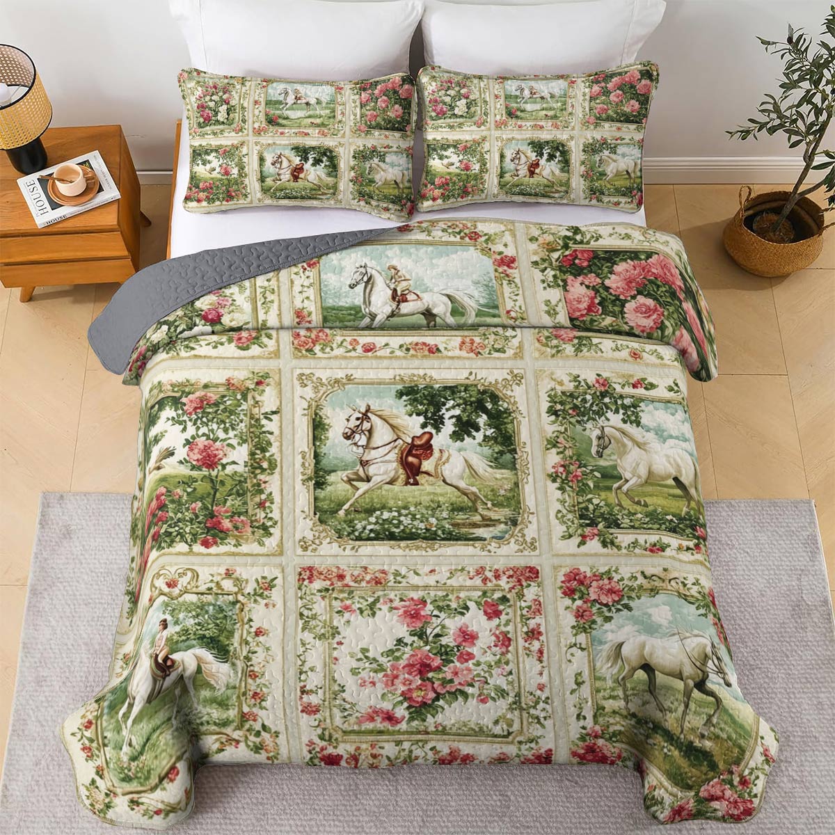 Lorva Horse All Season Quilt 3-Piece Set Horse Charm Floral Grace