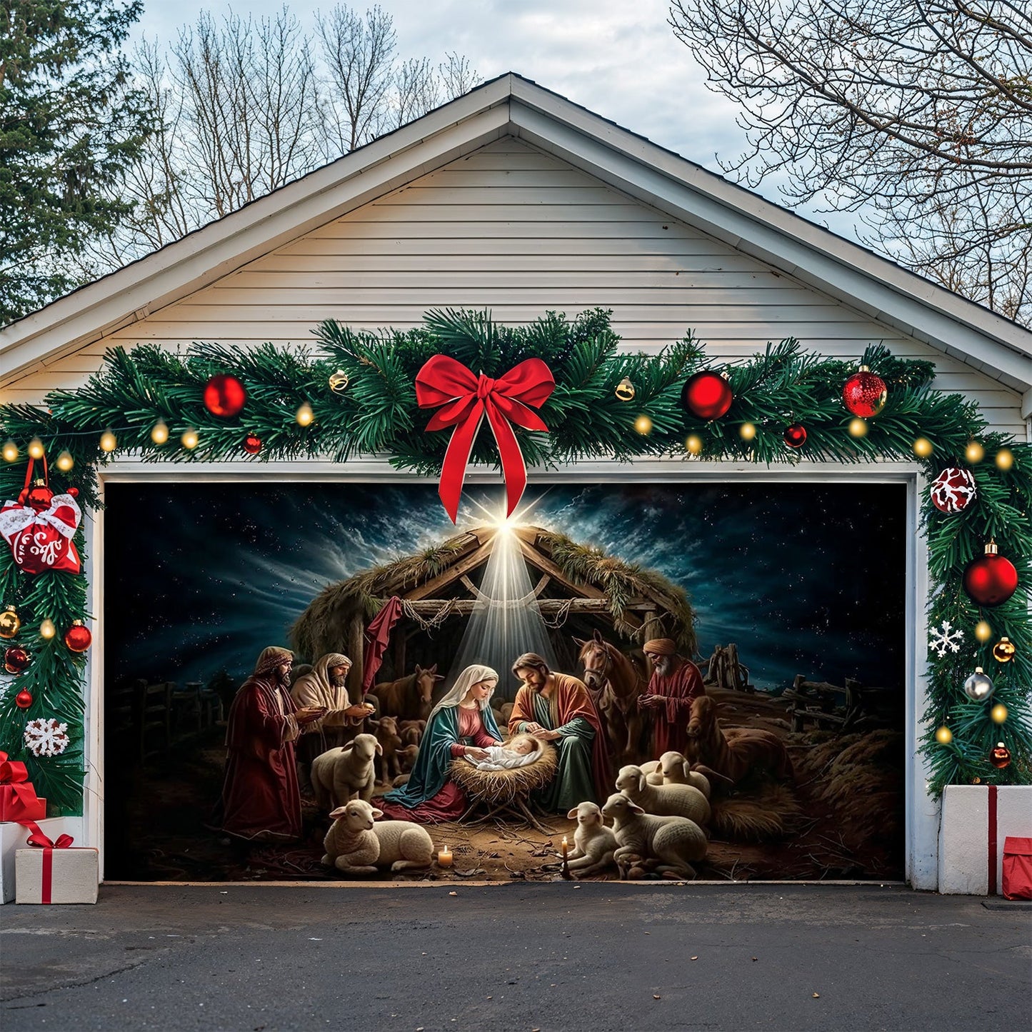 Lorva Christmas Garage Door Banner Decoration Golden Silence Of Bethlehem