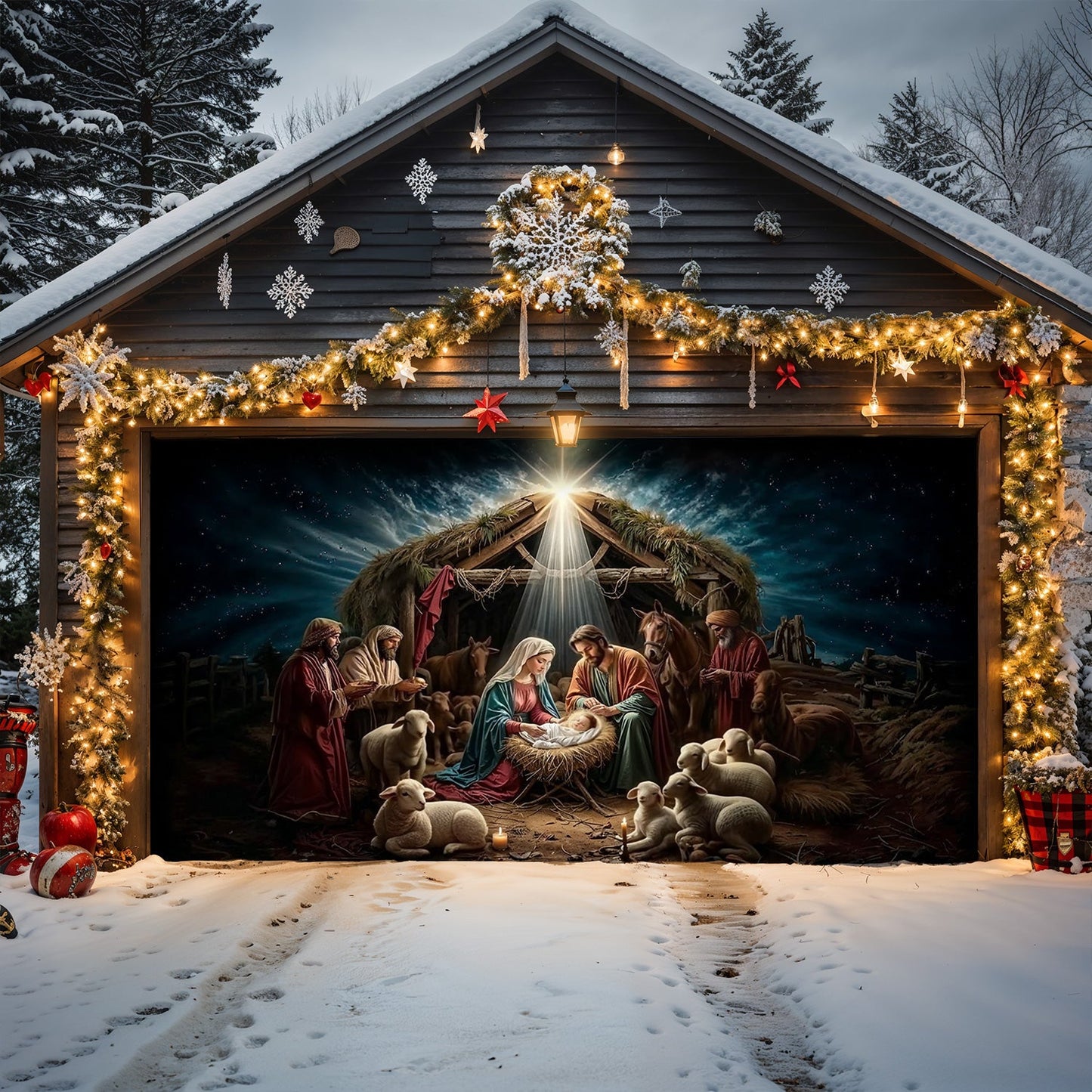 Lorva Christmas Garage Door Banner Decoration Golden Silence Of Bethlehem