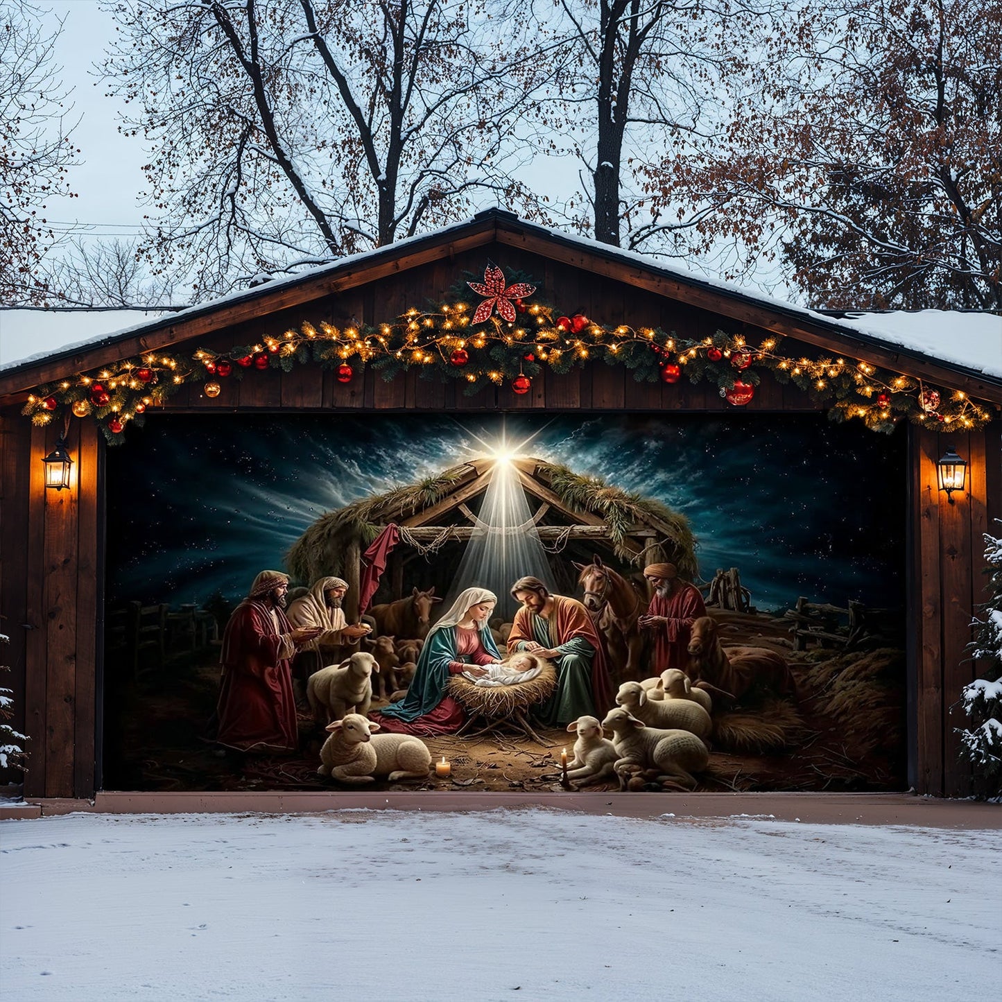 Lorva Christmas Garage Door Banner Decoration Golden Silence Of Bethlehem
