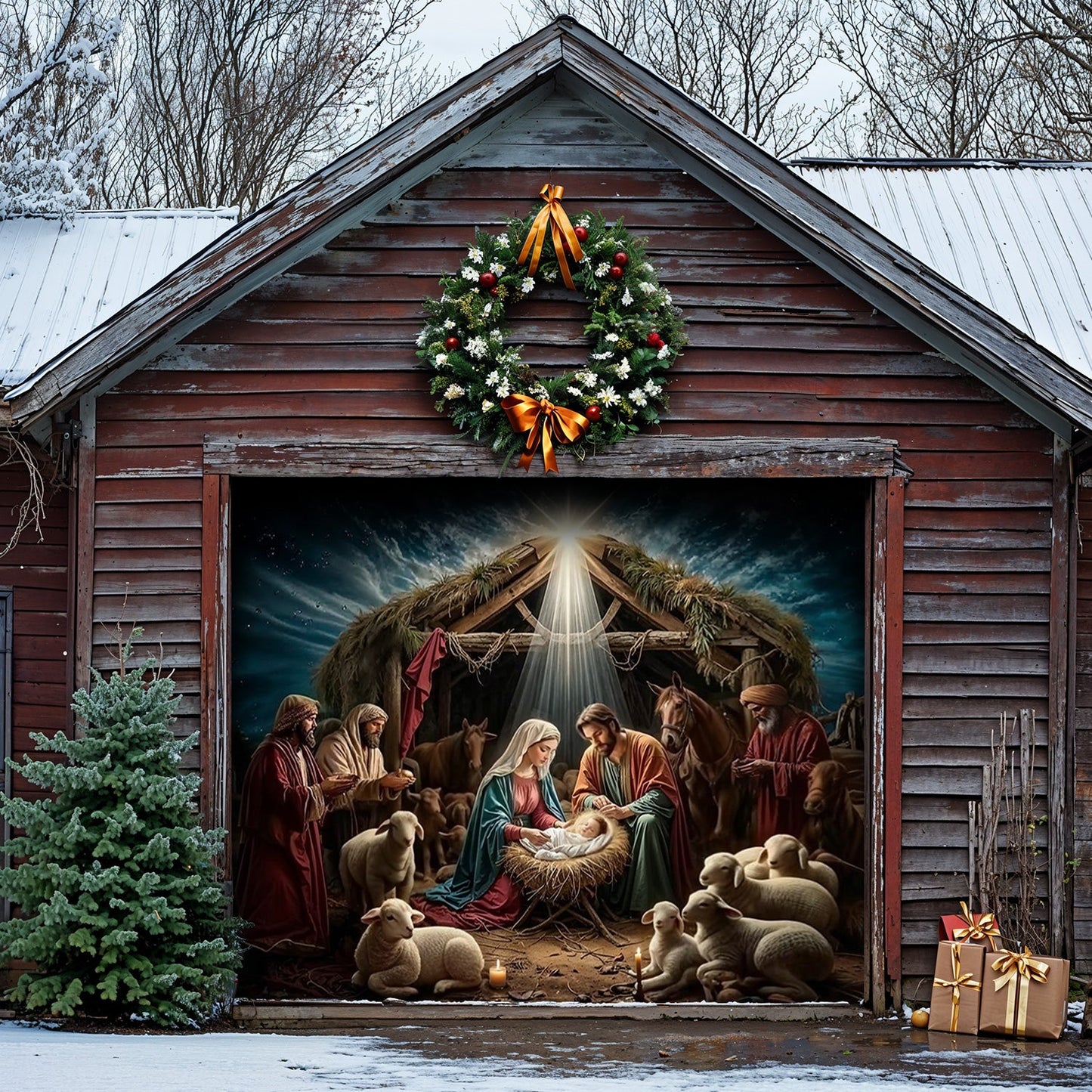 Lorva Christmas Garage Door Banner Decoration Golden Silence Of Bethlehem
