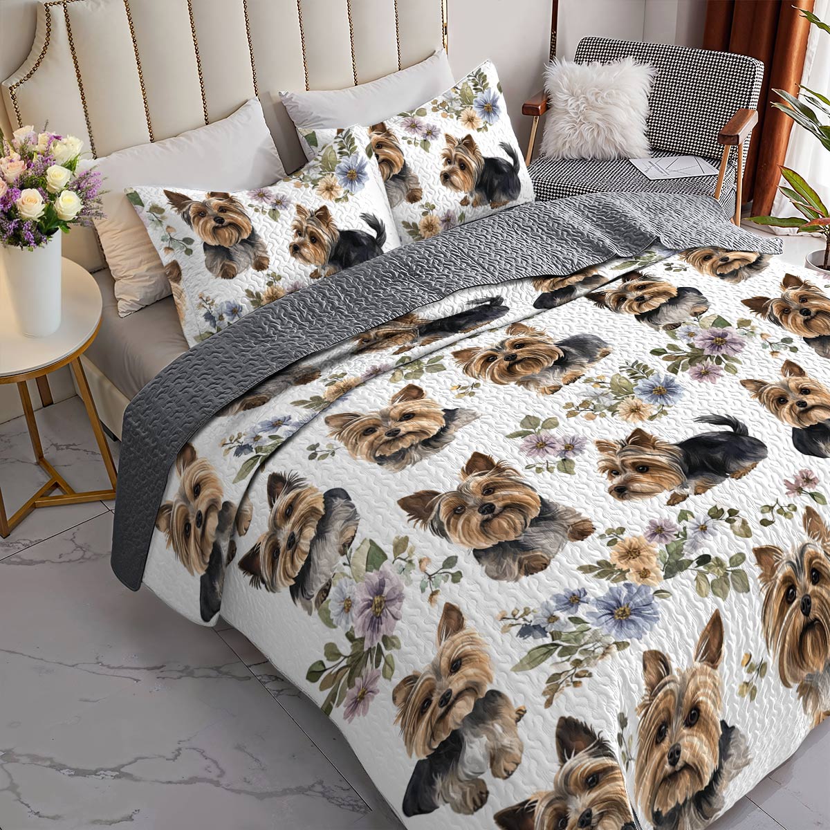 Lorva All Season Quilt 3-Piece Set Yorkie Garden Snuggles