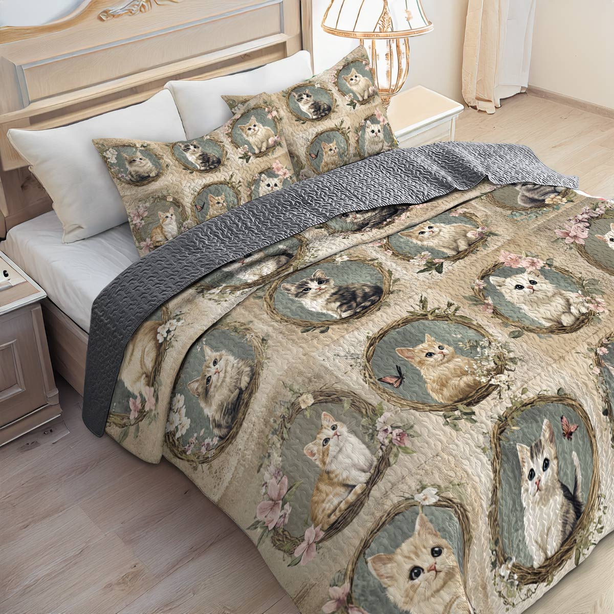 Lorva All Season Quilt 3-Piece Set Cute Floral Cats
