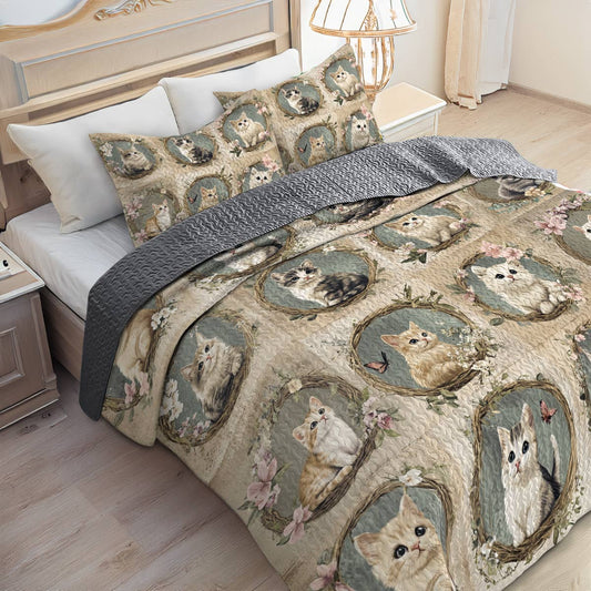 Lorva All Season Quilt 3-Piece Set Cute Floral Cats