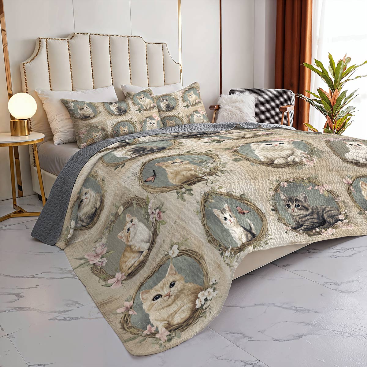 Lorva All Season Quilt 3-Piece Set Cute Floral Cats