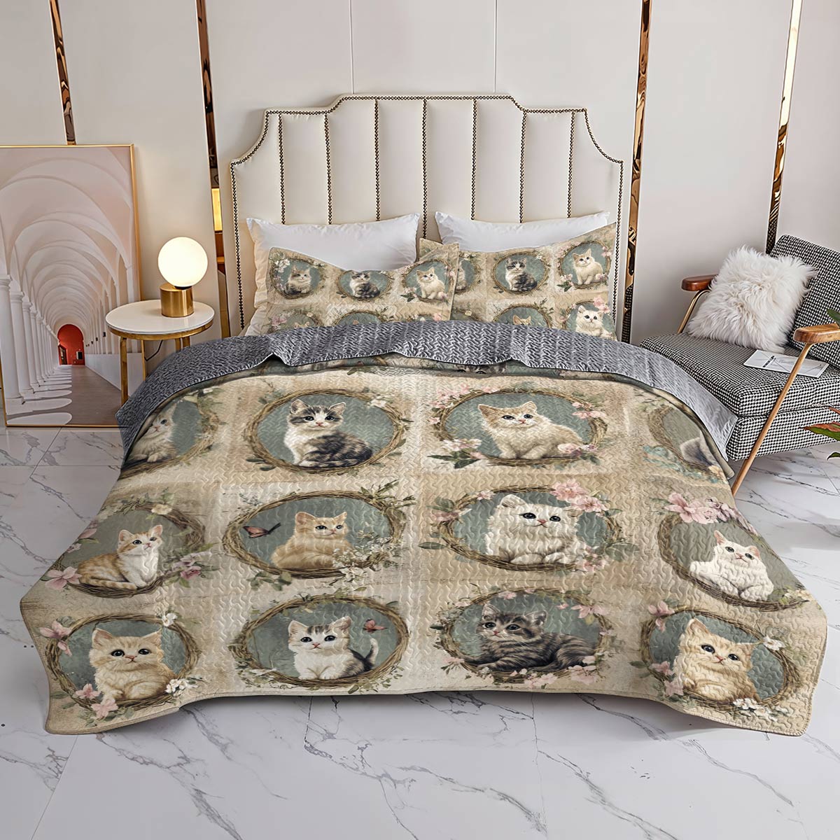 Lorva All Season Quilt 3-Piece Set Cute Floral Cats