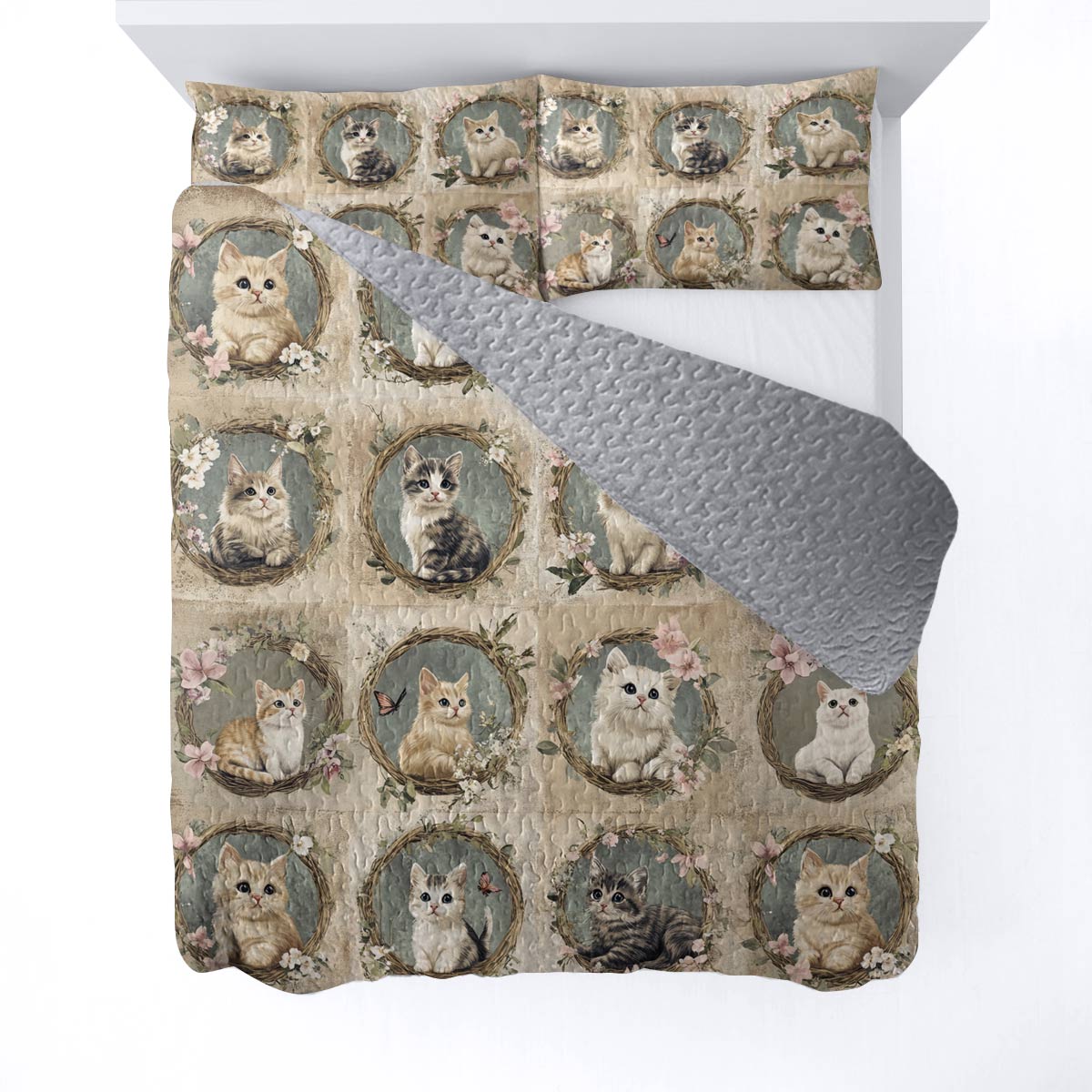 Lorva All Season Quilt 3-Piece Set Cute Floral Cats