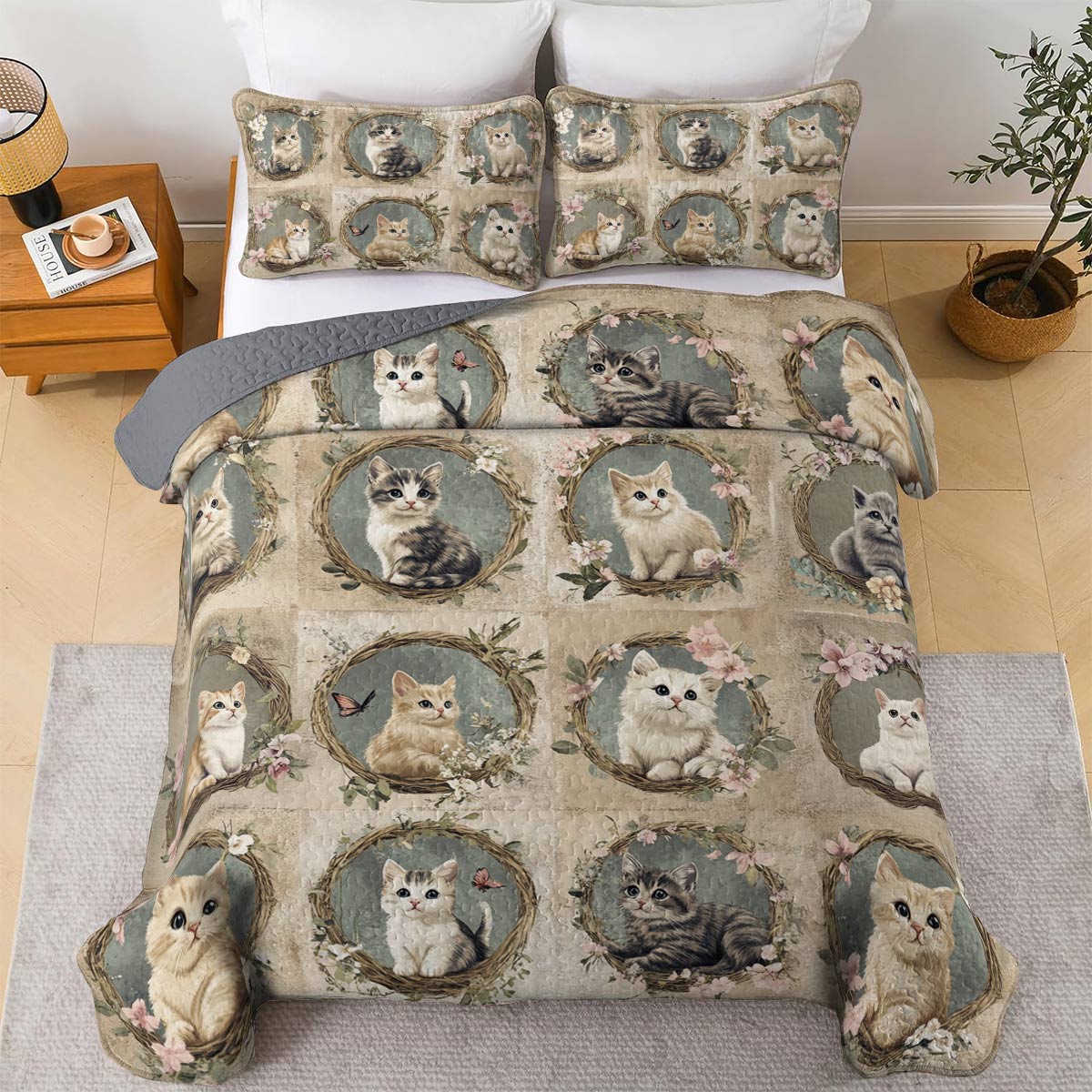 Lorva All Season Quilt 3-Piece Set Cute Floral Cats