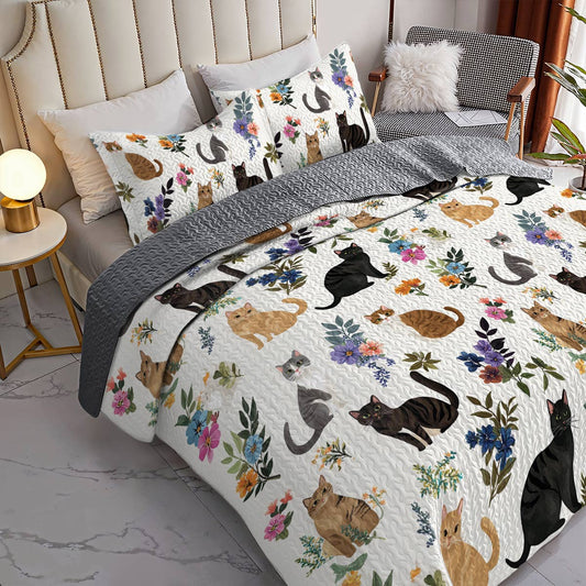 Lorva All Season Quilt 3-Piece Set Cute Floral Cats
