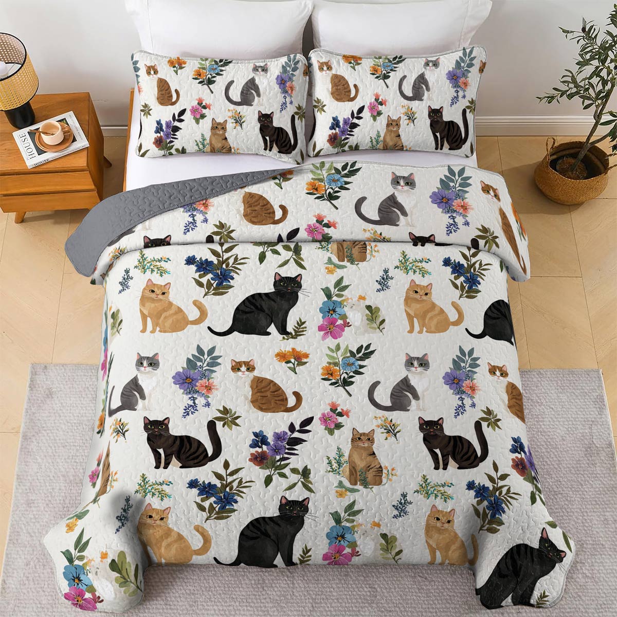 Lorva All Season Quilt 3-Piece Set Cute Floral Cats