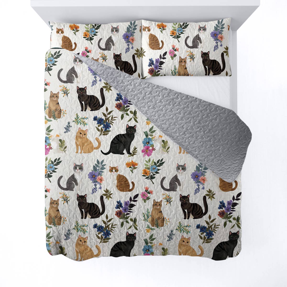 Lorva All Season Quilt 3-Piece Set Cute Floral Cats