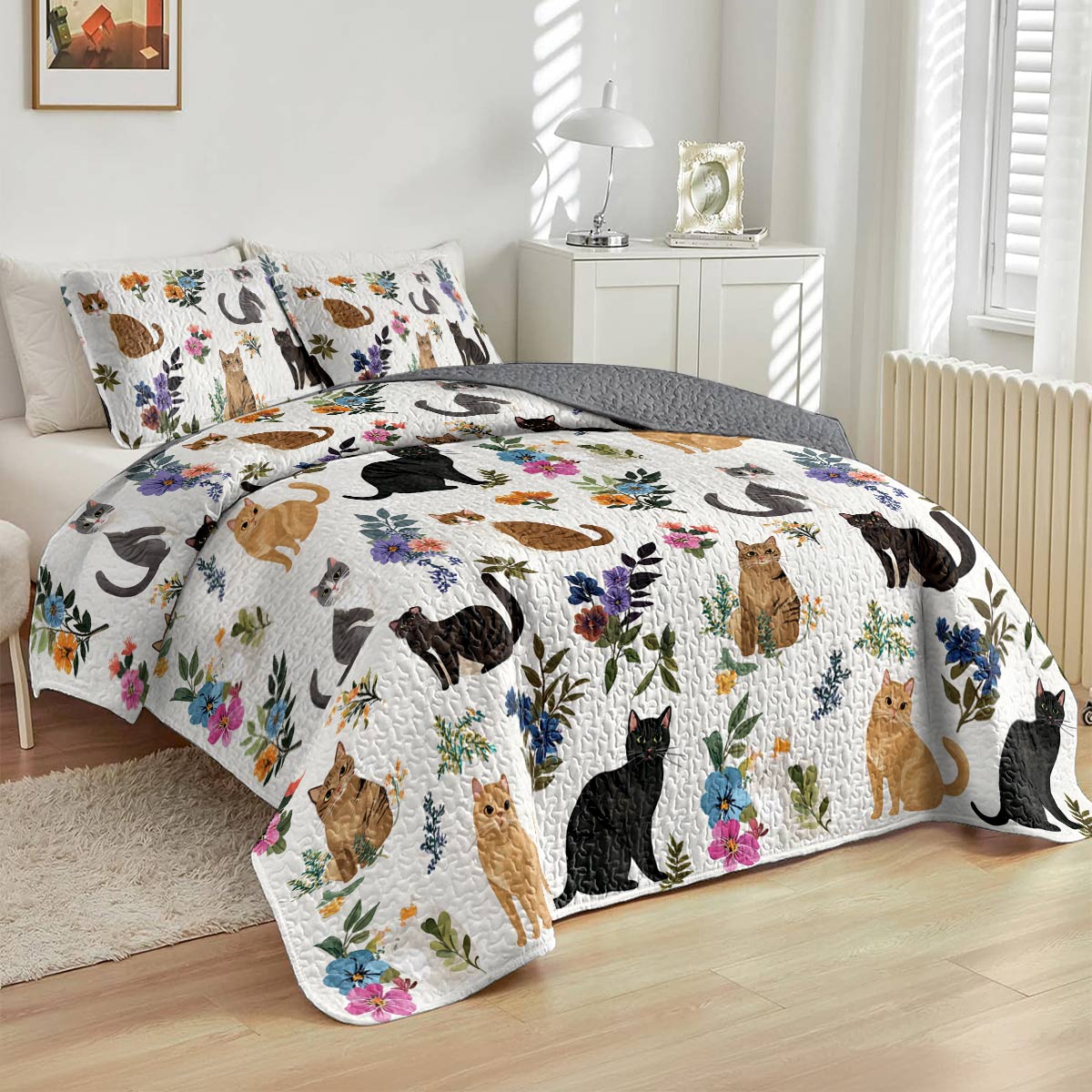 Lorva All Season Quilt 3-Piece Set Cute Floral Cats
