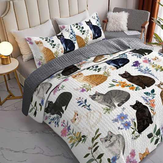 Lorva All Season Quilt 3-Piece Set Charming Floral Cats