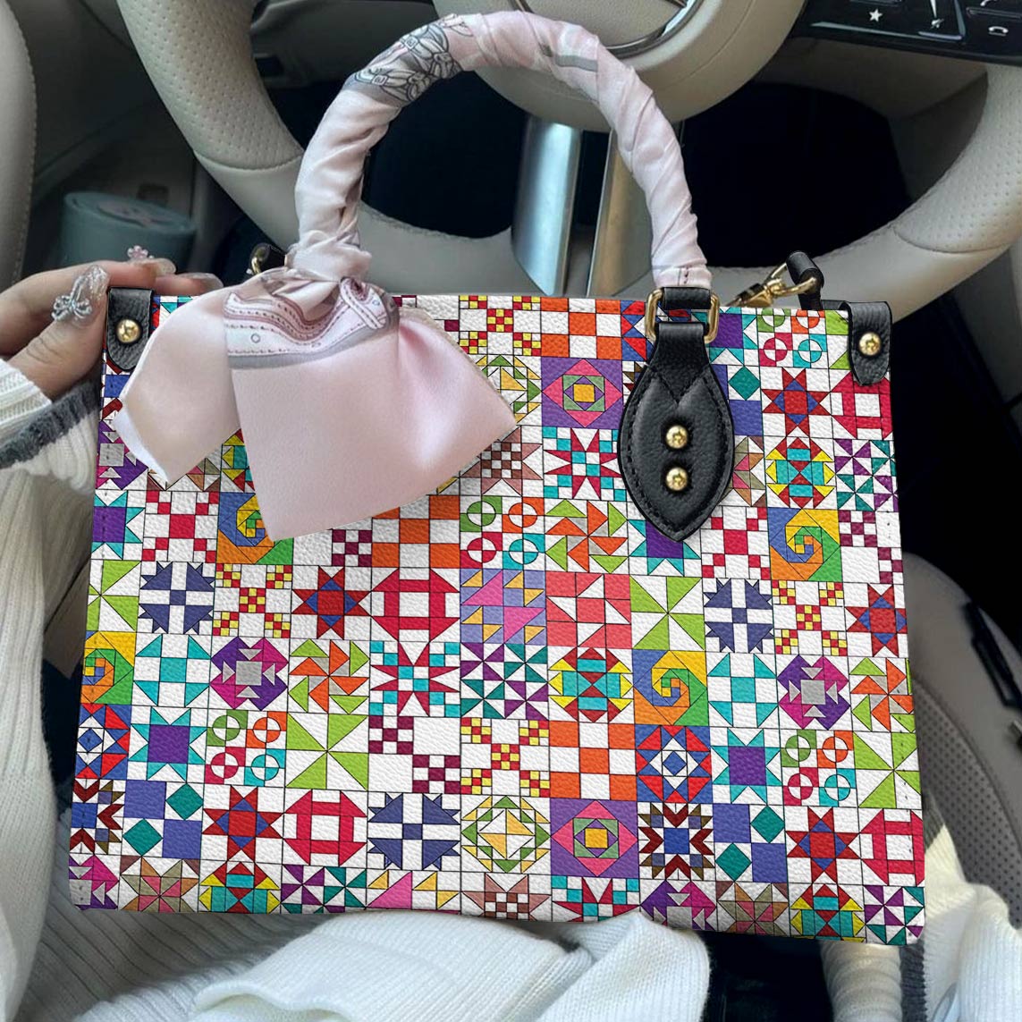Lorva Leather Bag Colorful Quilting Blocks