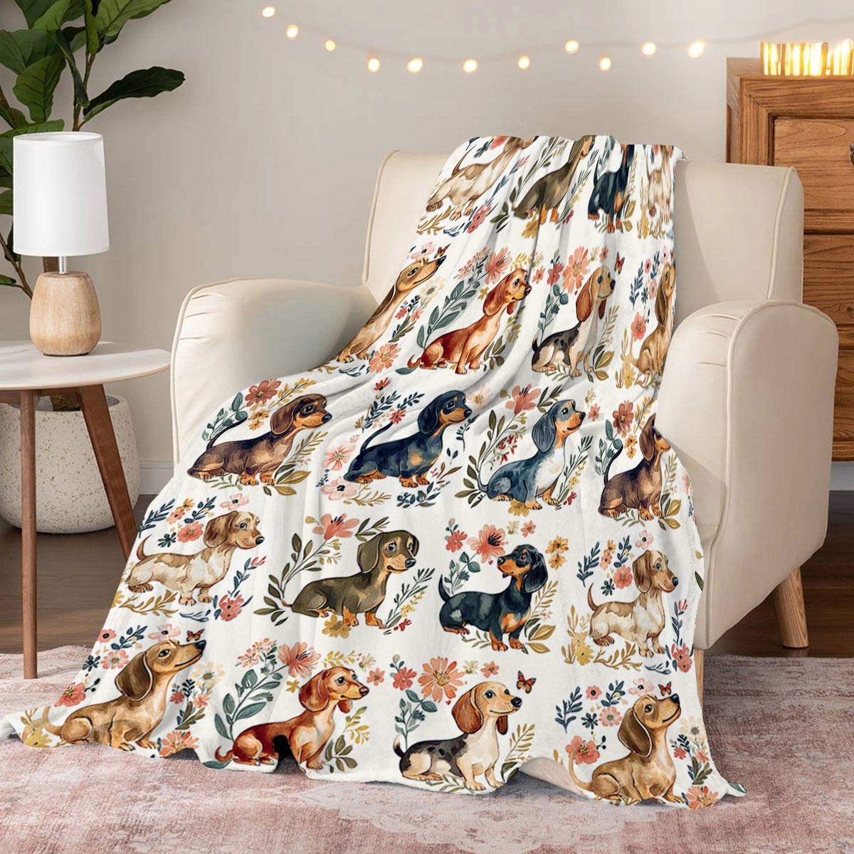 Lorva Fleece Blanket Cute Floral Dachshunds